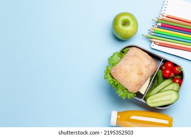 Lunch Box With Sandwich, Vegetables And Juice. School Or Office Meal. Flat Lay With Copy Space