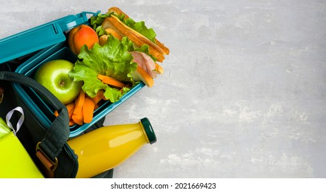 Lunch Box, School And Office Supplies On A Light Background. Back To School Concept. Social Distance, Learning And Home Education. Stay Safe. Top View. Copy Space.