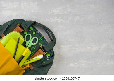 Lunch Box, School And Office Supplies On A Light Background. Back To School Concept. Social Distance, Learning And Home Education. Stay Safe. Top View. Copy Space.