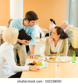 Lunch Break Office Colleagues Eat Meal In Cafeteria Fresh Salad