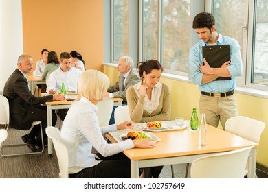 Lunch Break Office Colleagues Eat Meal In Cafeteria Fresh Salad