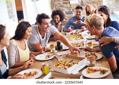 Lunch, happy friends and pizza party with food, drinks and conversation, social gathering and get together. Young people, group and happiness at fast food pizzeria, restaurant and celebration at home - Shutterstock ID 2233657645