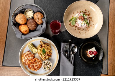 Lunch With Meatballs, Fried Potatoes, Mushroom Julienne, Fish Soup, Pickles, Fresh Radish Salad And Cherry Cake