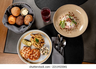 Lunch With Meatballs, Fried Potatoes, Mushroom Julienne, Fish Soup, Pickles, Fresh Radish Salad And Cherry Cake