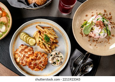 Lunch With Meatballs, Fried Potatoes, Mushroom Julienne, Fish Soup, Pickles, Fresh Radish Salad And Cherry Cake