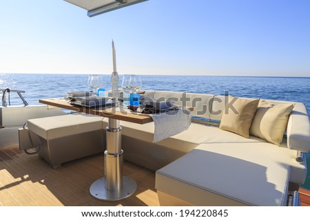 lunch on motor yacht, Table setting at a luxury yacht.