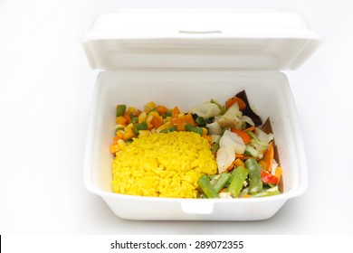 Lunch Styrofoam Box From Fast Food Restaurant On White Background  