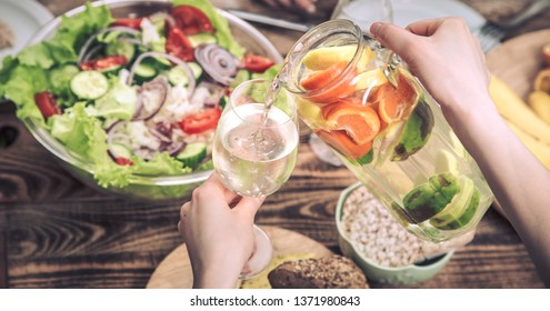 Lunch At The Table, Pour Summer Drinks With Fresh Fruit, Drinks Concept