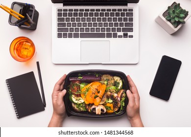 Lunch Time. Grilled Vegetables In Take Away Box In Woman Hands For Dinner In Office, Blank Space On Cellphone