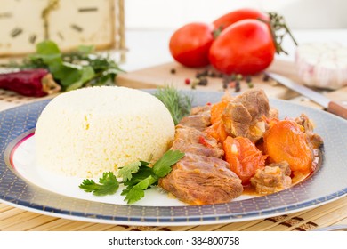 Lunch Time - Lamb Stew In Arabic With Vegetables And Dried Apricots.