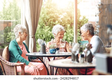 Lunch, wine and laugh with elderly friends in restaurant for bonding, date and relax. Retirement, hospitality and happiness with group of senior people with drink for social, memory and support - Powered by Shutterstock