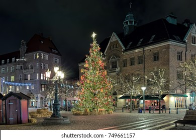 Lund, Sweden. Main City's Christmas Tree On Stortorget Square In Night.