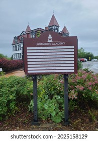 Lunenburg, NS, CAN, July 9, 2021 - The sign for the Lunenburg Academy of Music Performance. This historic school building dates back to 1895 and was a working school up until 2012. 