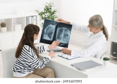 Lung disease. Doctor showing chest x-ray to her patient at table in clinic - Powered by Shutterstock