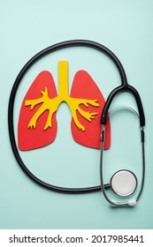 Lung Health Therapy Medical Concept . Silhouette Of The Lungs And A Stethoscope On A Blue Background. Concept Of Respiratory Disease, Pneumonia, Tuberculosis, Bronchitis, Asthma, Lung Abscess