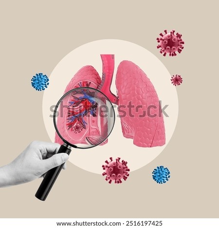 Lung, Human, Viral Cells, Magnifying Glass, Hand, Virus Cells, Lung Infection, Contagious Disease, Bronchus, Bronchial Tree