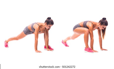 Lunge Mountain Climber. Young Woman Doing Sport Exercise.