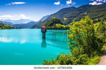 Lungern lake with Swiss Alps in the background, Obwalden, Switzerland, Europe. 