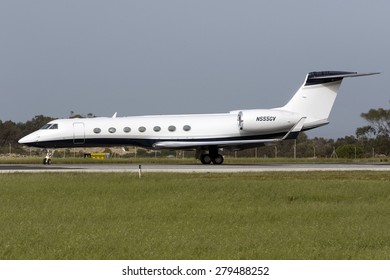 Luqa, Malta April 18, 2015: Gulfstream Aerospace G-V Gulfstream V Lining Up For Take Off From Runway 31.