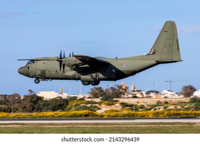 Luqa, Malta - April 2, 2022: Royal Air Force Lockheed Martin C-130J Hercules C5 (L-382) (REG: ZH889) landing for an overnight stop.
