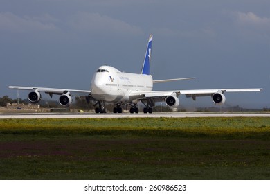 Luqa, Malta February 25, 2011: Hellenic Imperial Airways Boeing 747-230B Lining Up Runway 31 For Take Off.