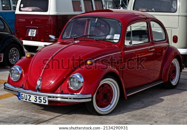 LUQA, MALTA - FEBRUARY 27, 2022: Colourful Classic VW
Beetle Bug Car