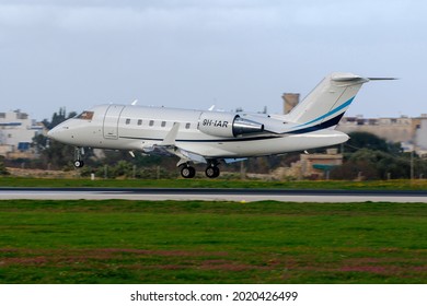 Luqa, Malta - January 15, 2021: Private Bombardier Challenger 605 (CL-600-2B16) (Reg.: 9H-IAR) on finals runway 31.
