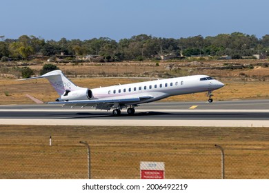 Luqa, Malta - July 12, 2021: Kylie Jenner's Bombardier Global 7500 (BD-700-2A12) (REG: N810KJ) touch down on runway 31.