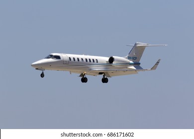 Luqa, Malta July 29, 2017: A private Learjet 45 [9H-BCP] coming in to land at midday.