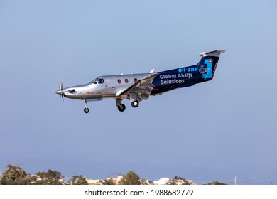 Luqa, Malta - June 9, 2021: Global Airlift Solutions Pilatus PC-12-47E (REG: OH-ZRH) on finals runway 31.