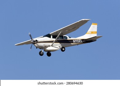 Luqa, Malta May 22, 2015: Private Cessna 206 N115EL on finals runway 31.
