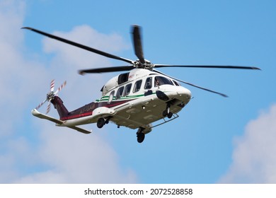 Luqa, Malta - November 21, 2016: Commercial helicopter at airport and airfield. Rotorcraft. General aviation industry. Civil utility transportation. Air transport. Fly and flying.