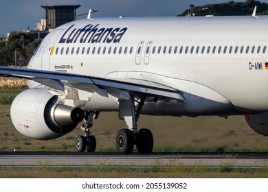 Luqa, Malta - October 9, 2021: Lufthansa Airbus A320-214 (Reg: D-AIWI photos) lined up on the runway for take off.