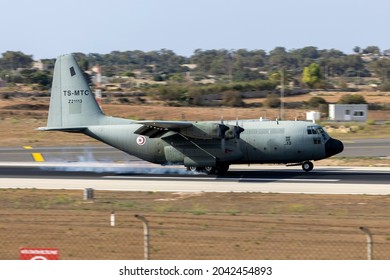 Luqa, Malta - September 16, 2021: Tunisian Air Force Lockheed C-130B Hercules (L-282) (REG: Z21113; TS-MTC) touching down runway 31 in the morning.