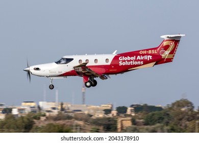 Luqa, Malta - September 17, 2021: Fly 7 Executive Aviation Pilatus PC-12-47 (REG: OH-BSL) on finals runway 31.