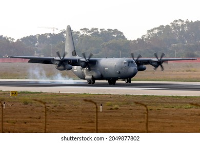 Luqa, Malta - September 28, 2021: Tunisian Air Force Lockheed Martin C-130J-30 Hercules (L-382) (Reg.: Z21122) landing runway 31 to pick up some cargo.