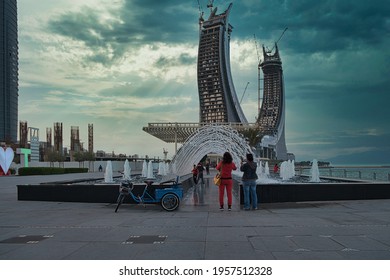 Lusail City, Qatar- March 30 2021:  Katara Towers Project In Lusail Marina Daylight View .Construction Industry Concept.