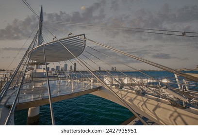 The Lusail Pedestrian Bridges, also  known as the Glass Bridge of Lusail, Lusail city, Qatar is a suspension bridge that runs across Qetaifan Island South 1, 2 and 3.  - Powered by Shutterstock