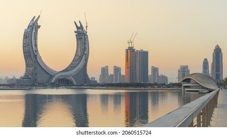 Lusail, Qatar- 19 October 2021: The beautiful newly developing city with many skyscrapers , shot during sunrise