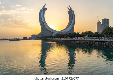 LUSAIL, QATAR - DECEMBER 28, 2021: Katara Twin Tower Hotel, Lusail Marina Park Doha, Qatar.