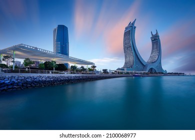 Lusail, Qatar - July 21, 2020: Katara buildings view from Lusail Marina Park
