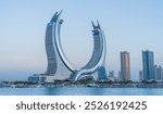 Lusail, Qatar- September, 10,2024: the newly developed lusail city with winter wonderland and crescent tower in the background.