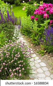 Lush Blooming Summer Garden With Paved Path