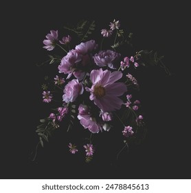 lush bouquet of pink garden flowers and wildfolowers against a dark background, floral summer design element or motif for greeting cards, wedding stationery, posters, covers, packaging design and more - Powered by Shutterstock