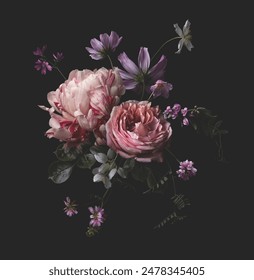 lush dark bouquet made of pink, purple and white flowers, floral arrangement with peony, rose and wildflowers, center design element or motif for cards, wedding stationery, covers, posters, packaging