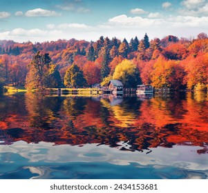 Lush foliage trees relected in the calm waters of Plitvice lake. Bright Colorful autumn landscape of Croatia, Europe. Traveling concept background.