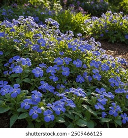 A lush garden bed filled with blooming periwinkle flowers, their soft blue and purple hues creating a serene and calming atmosphere. The flowers are surrounded by rich green foliage. - Powered by Shutterstock