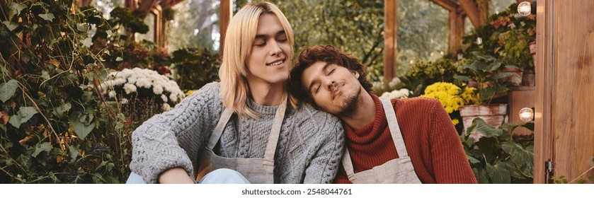 In a lush garden, Young loving gay couple relax among colorful blooms. With gentle smiles, they embody a heartfelt connection, capturing a serene moment of love and companionship amid natures beauty. - Powered by Shutterstock