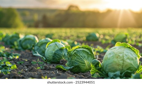 Lush Green Cabbage Heads in a Field