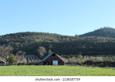 Lush Green Pasture With An Old Red Bard In The Distance